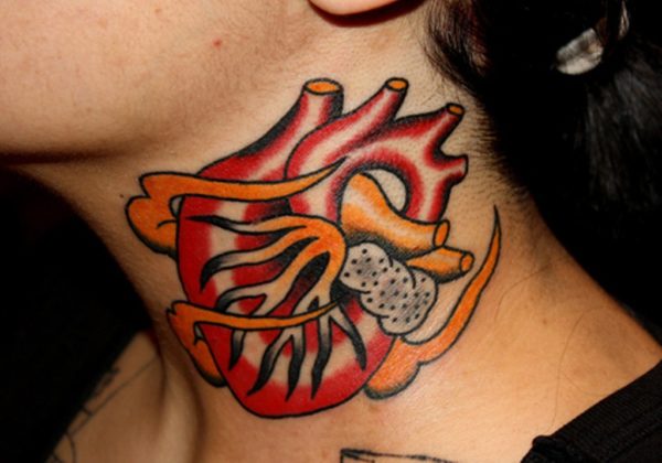 Adorable Colored Heart Tattoo On Neck