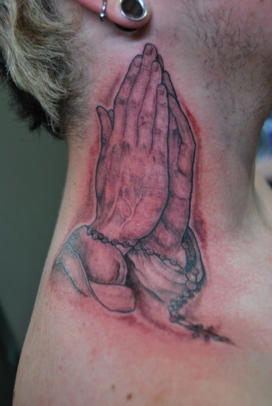 Adorable Praying Hands Neck Tattoo
