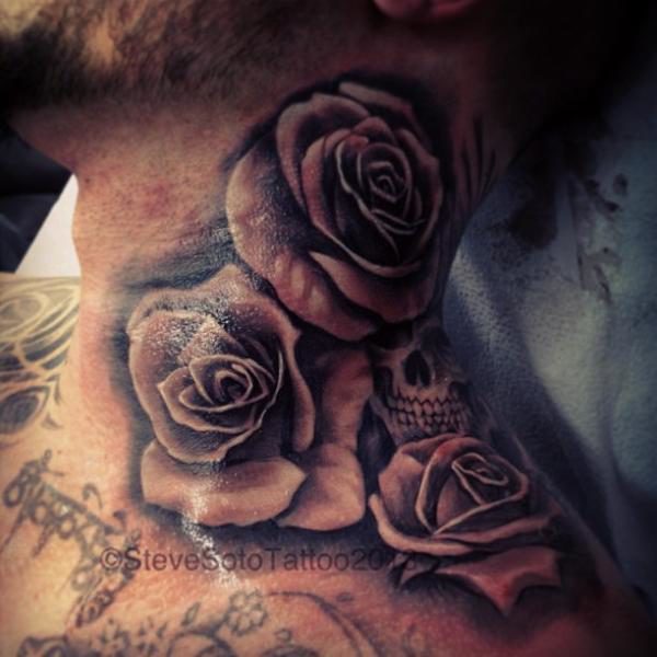 Adorable Roses And Skull Tattoo On Neck