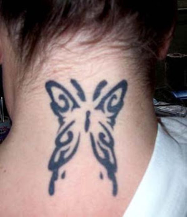 Adorable Tribal Butterfly Neck Tattoo
