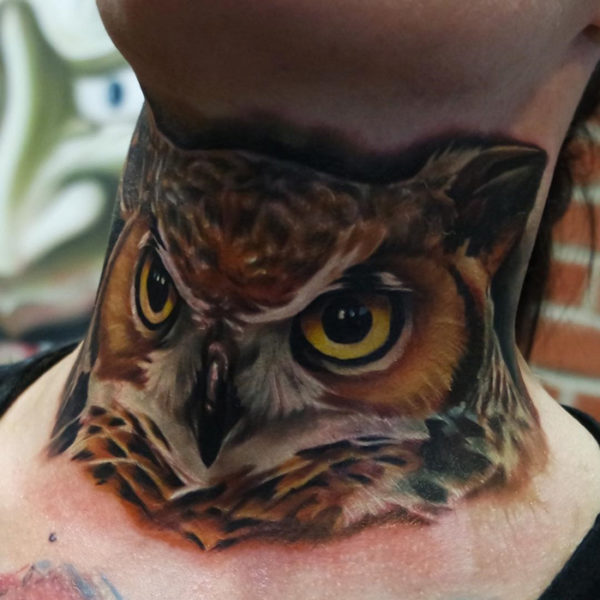 Abstract Owl Tattoo On Neck