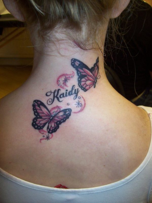 Amazing Colored Butterfly Tattoo On Neck