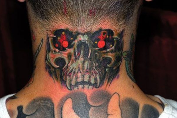 Amazing Skull With Red Eyes Neck Tattoo