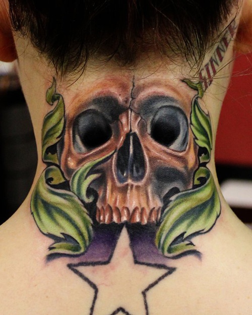 Amazing Green Skull Neck Tattoo