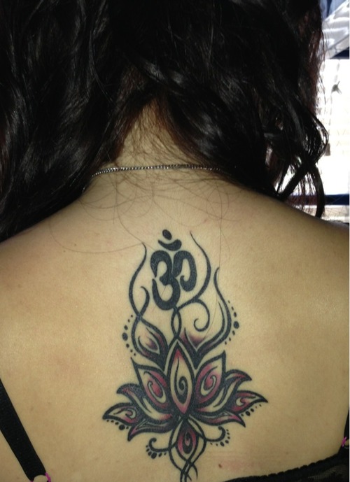 Amazing Om And Lotus Neck Tattoo