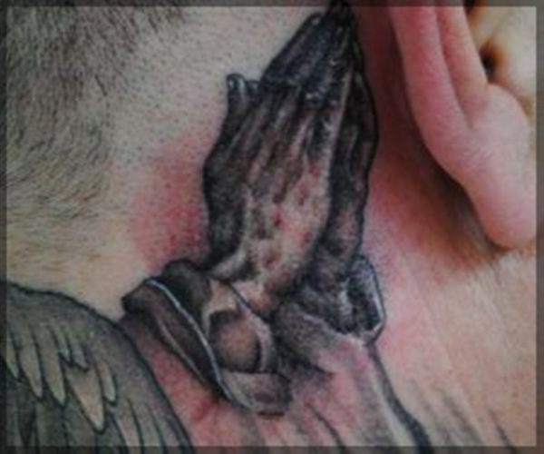 Amazing Praying Hands Tattoo On Neck
