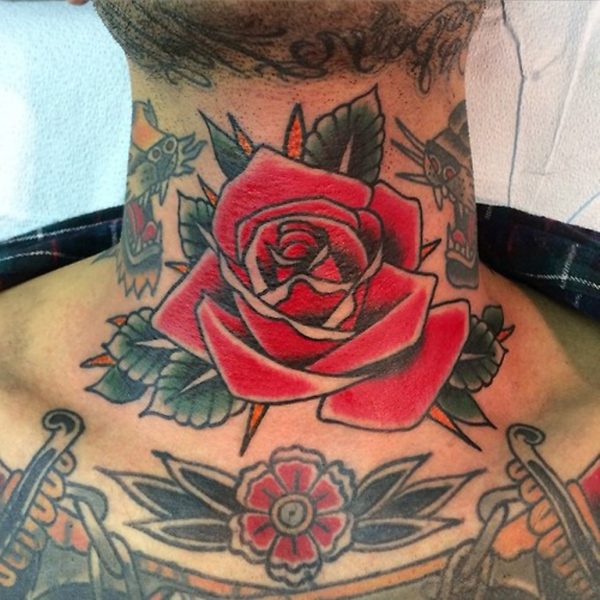 Amazing Red Rose Front Neck Tattoo