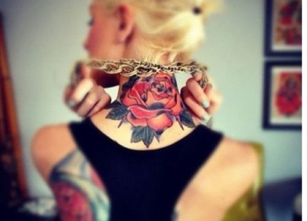 Amazing Red Rose Neck Tattoo