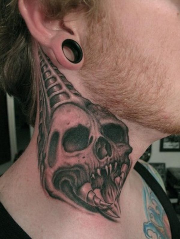 Amazing Skull  Black And Grey Tattoo On Neck