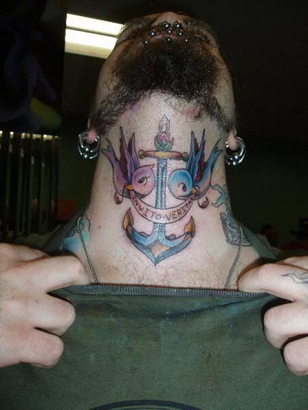 Anchor Bird Tattoo On Neck