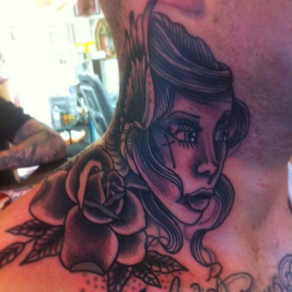 Angel And Rose Tattoo On Neck