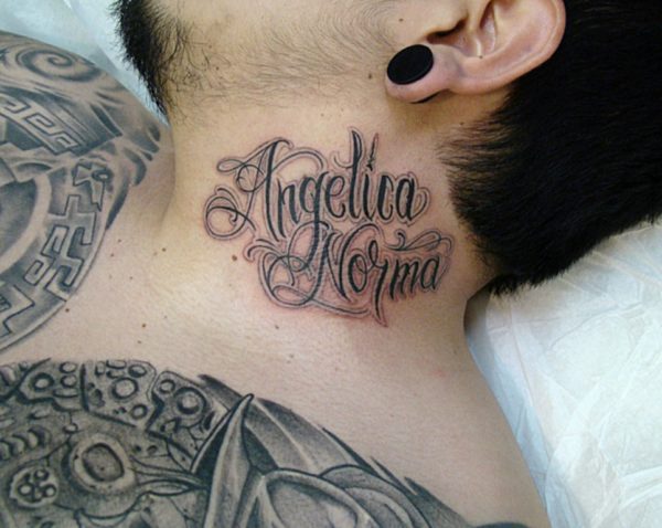 Angelica Norma Letters Tattoo On Neck