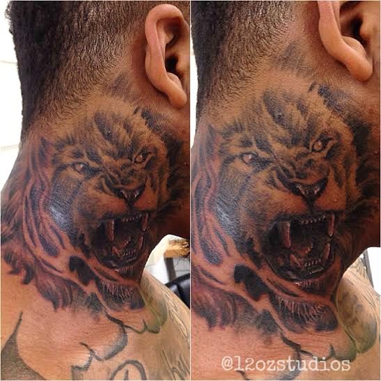 Angry Lion Tattoo On Neck