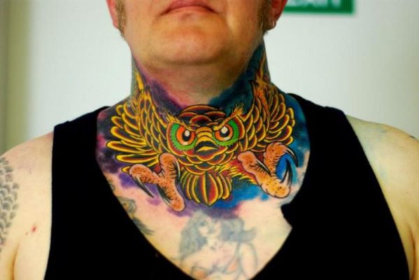 Angry Owl Tattoo On Neck