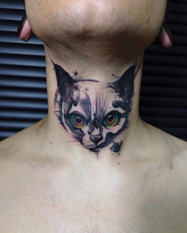 Attractive Cat Tattoo On Neck