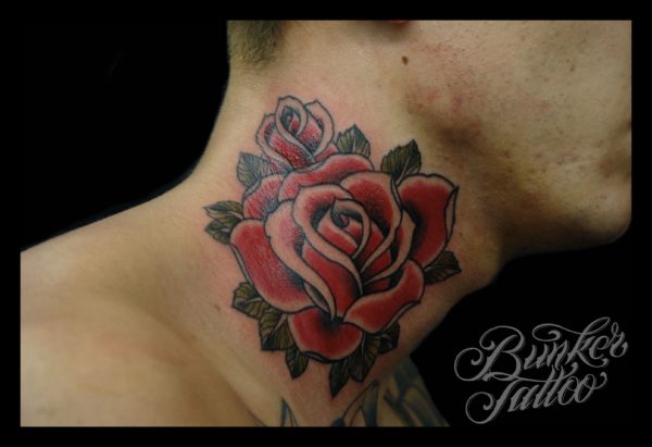 Attractive Red Rose Tattoo On Neck