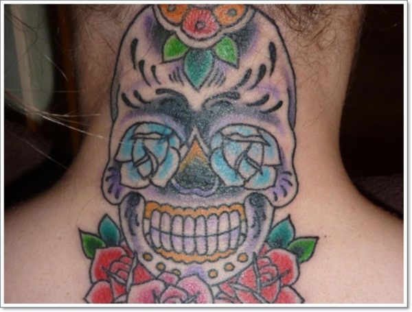 Attractive Skull Back Neck Tattoo Design