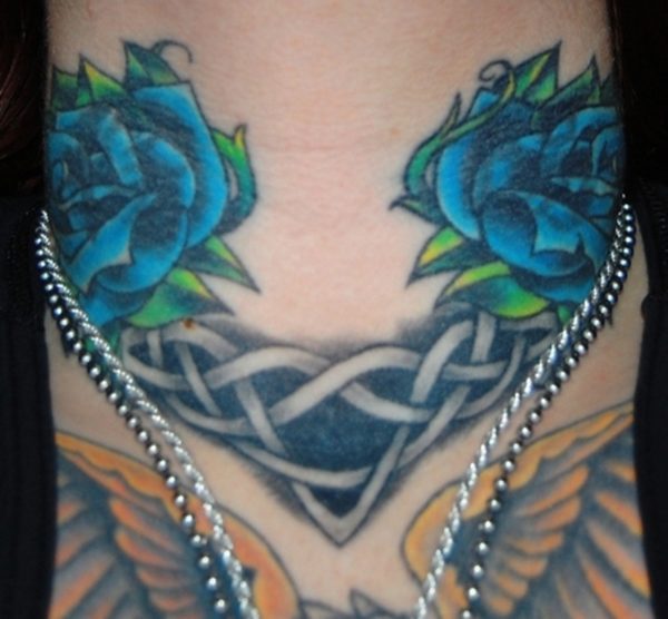 Beautiful Blue Roses Tattoo On Neck