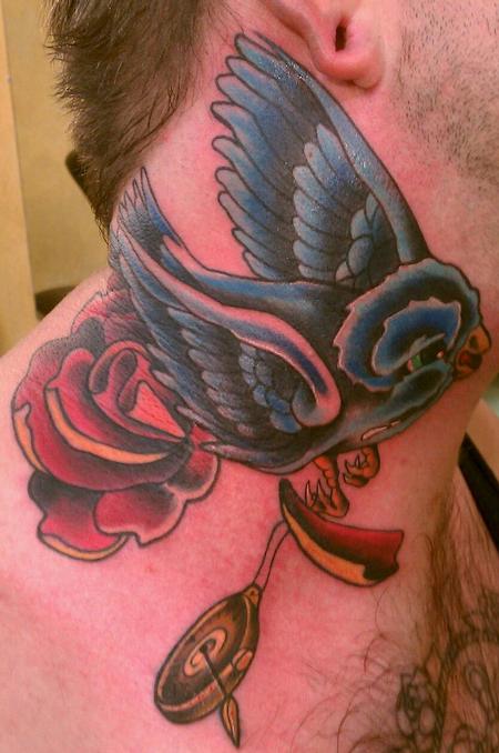 Beautiful Dove And Rose Tattoo On Neck