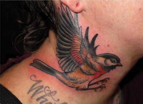 Beautiful Flying Bird Tattoo On Neck