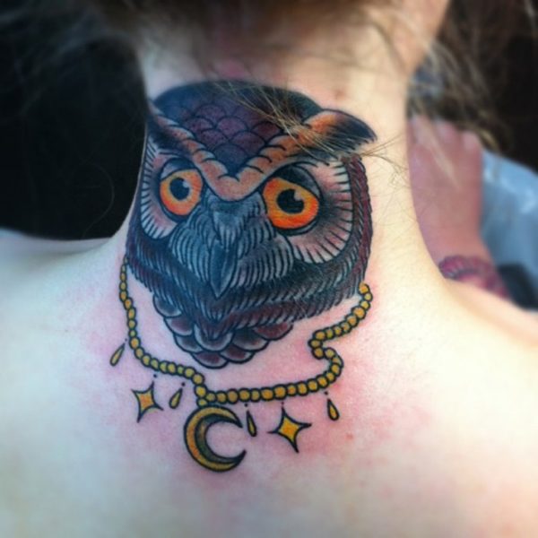 Beautiful Owl Face Tattoo On Neck