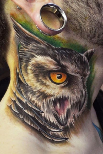 Beautiful Owl Tattoo On Neck
