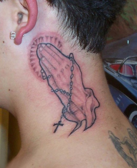 Beautiful Praying Hands Tattoo On Neck