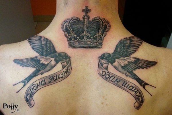 Beautiful Swallow And Crown Neck Tattoo