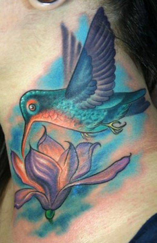 Bird And Flower Tattoo On Neck