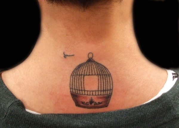 Bird Cage Tattoo On Neck