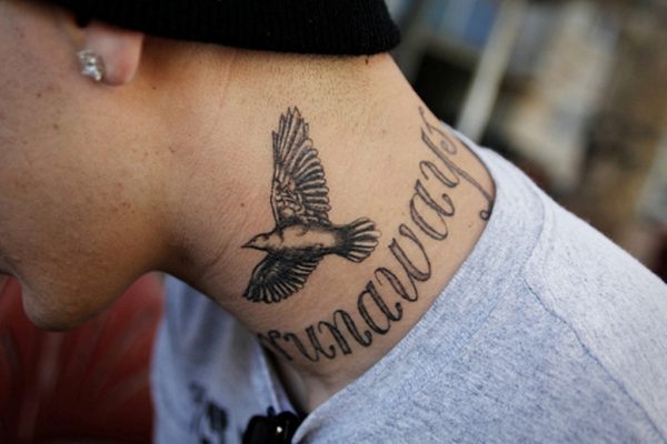 Bird Lettering Tattoo On Neck