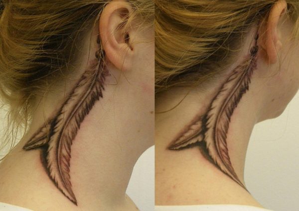 Black And Grey Feather Tattoo On Neck