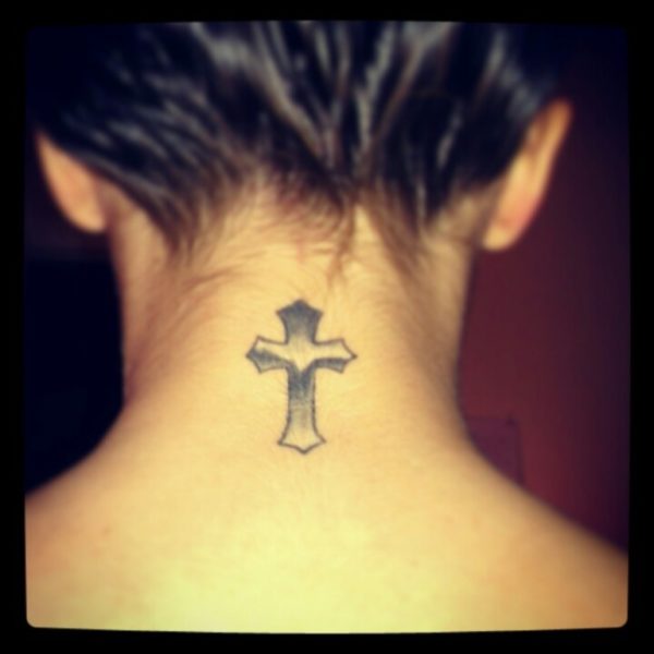 Black And Grey Cross Neck Tattoo