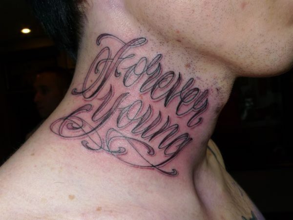 Black And Grey Lettering Tattoo On Neck