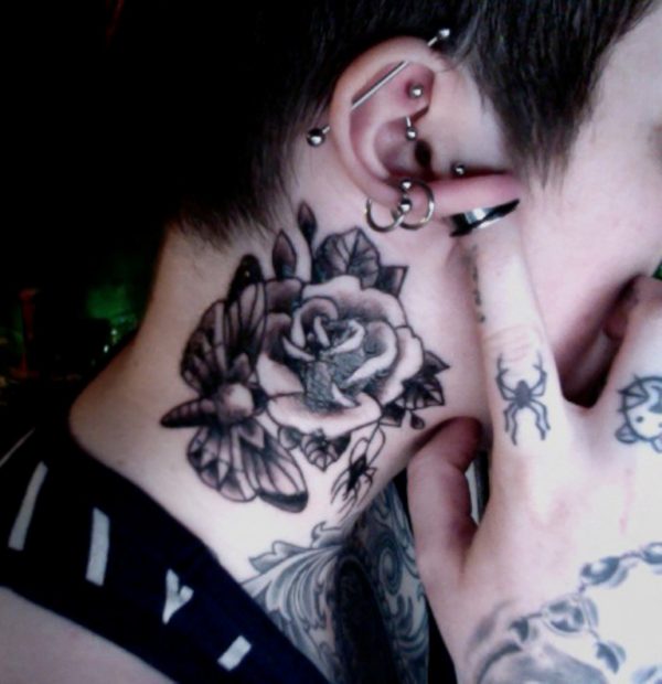 Black And Grey Rose Tattoo On Neck