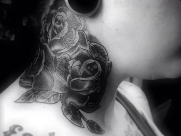 Black And Grey Roses Tattoo On Neck