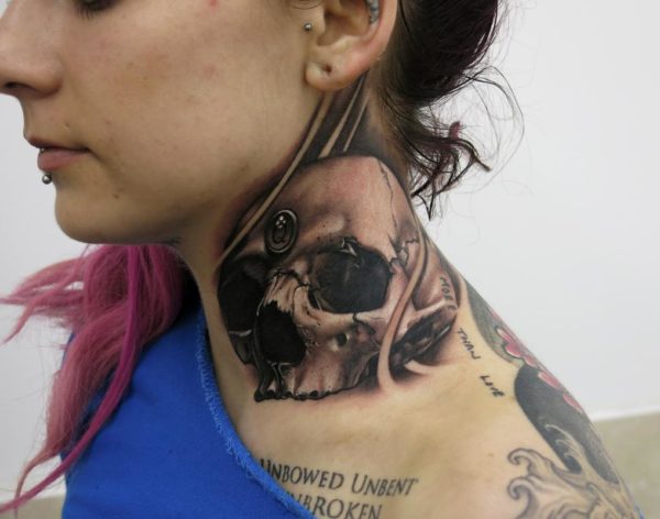 Black And Grey Skull Tattoo On Neck