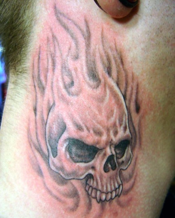Black And Grey Skull Tattoo On Neck