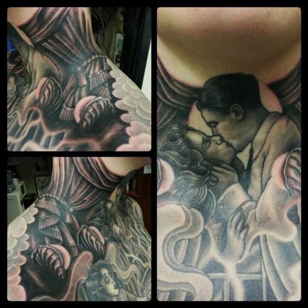 Black And Grey Tattoo On Neck