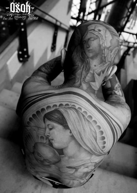 Black And Grey Virgin Mary Neck Tattoo