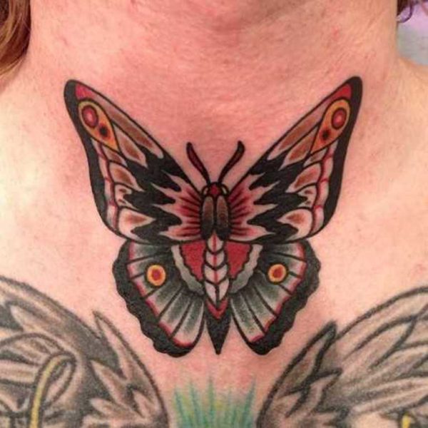 Black And Red Butterfly Tattoo On Neck