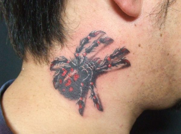 Black And Red Spider Tattoo On Neck