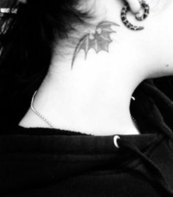 Black And White Bat Neck Tattoo