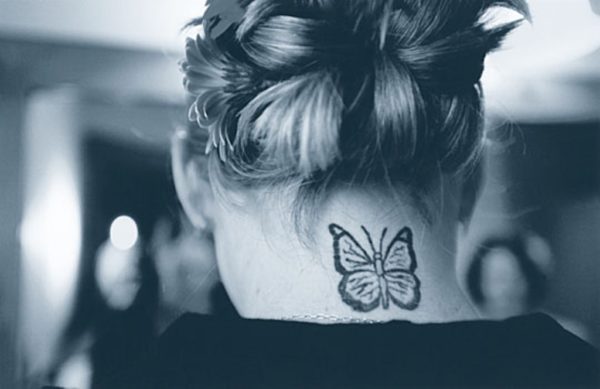 Black And White Butterfly Neck Tattoo Design