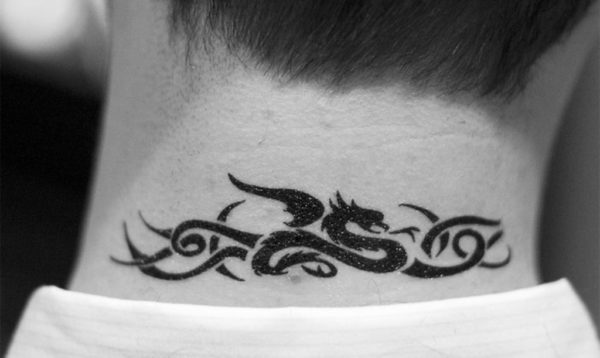 Black And White Dragon Neck Tattoo
