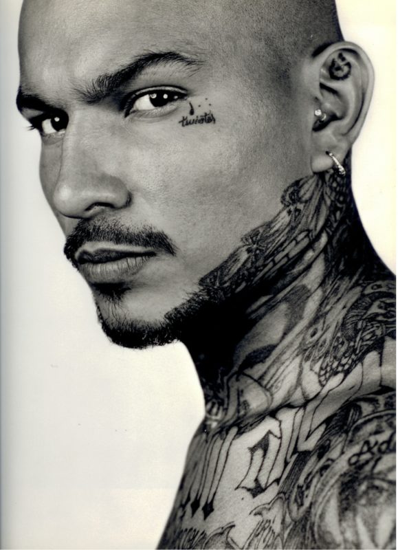 Black And White Gangster Neck Tattoo