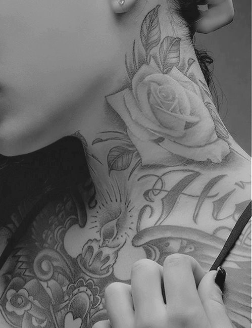 Black And White Rose Tattoo On Neck