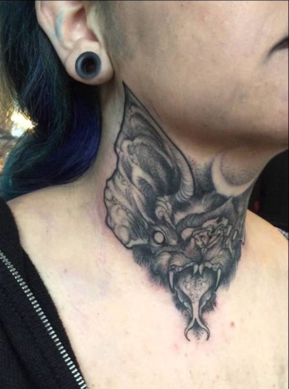 Black Bat Tattoo On Neck