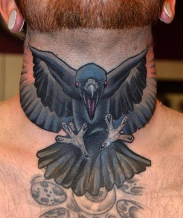 Black Bird Tattoo On Front Neck