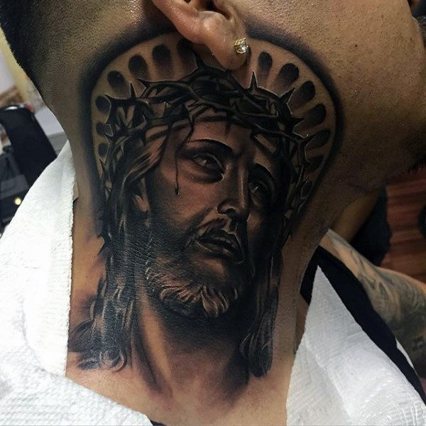 Black Christ Tattoo On Neck